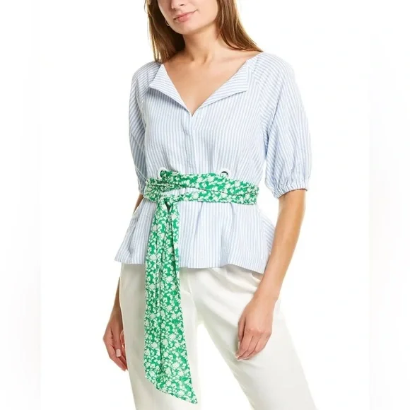 TANYA TAYLOR Blue Striped Blouse w Green Sash Women’s Top - Picture 3 of 14